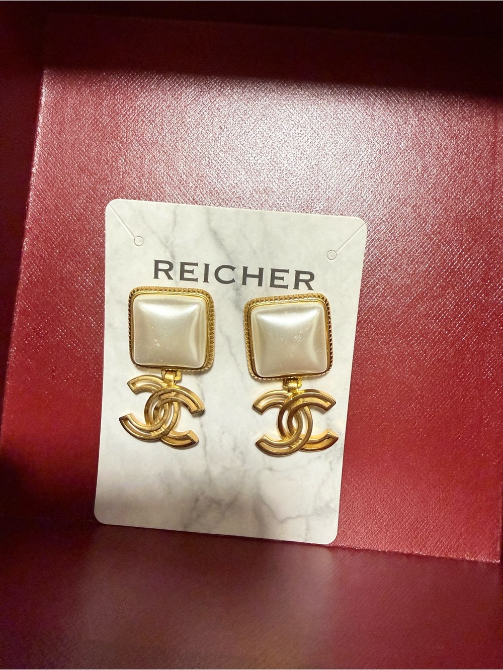 Gold & Pearl Square Drop Logo Earrings